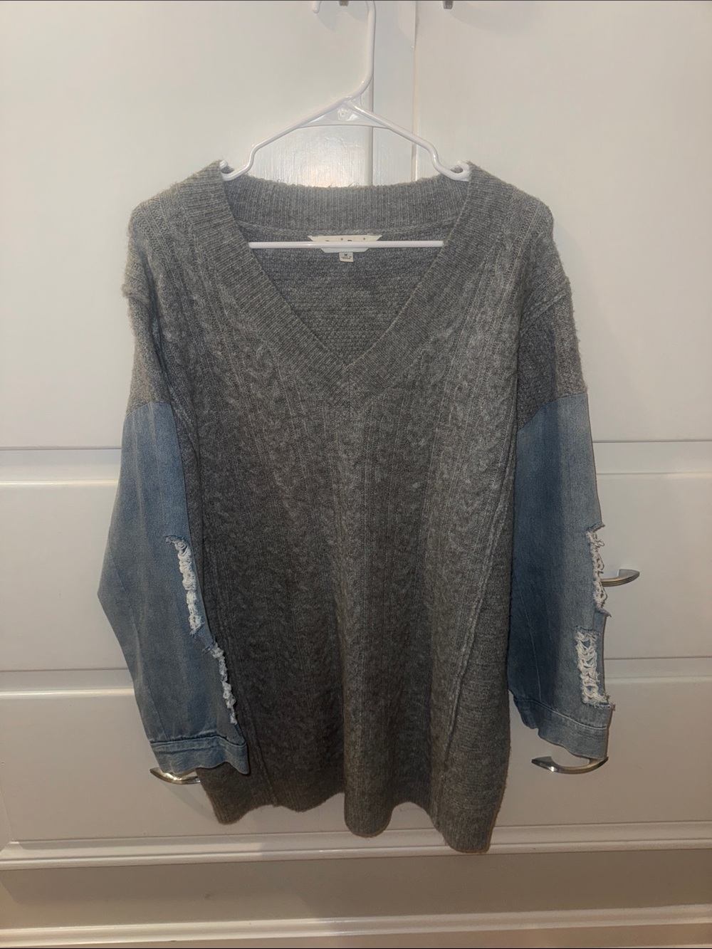 DAVI & DANI Grey V-Neck Sweater with Light Blue Distressed Denim Sleeves